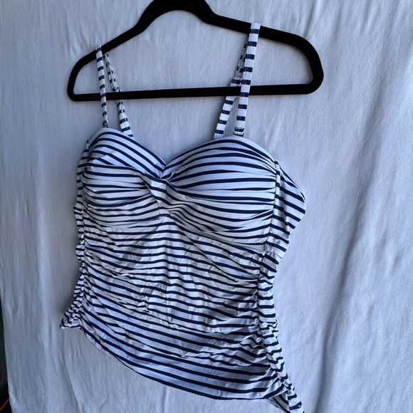 Navy & White Striped Ruched Tankini Top - Padded, Adjustable Straps, Size XXL - Picture 2 of 5
